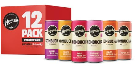 Remedy Kombucha Tea - Rainbow Mixed Pack - Sparkling Live Cultured, Naturally Sugar Free Soft Drink - Probiotic for Gut Health - 12 x 250ml