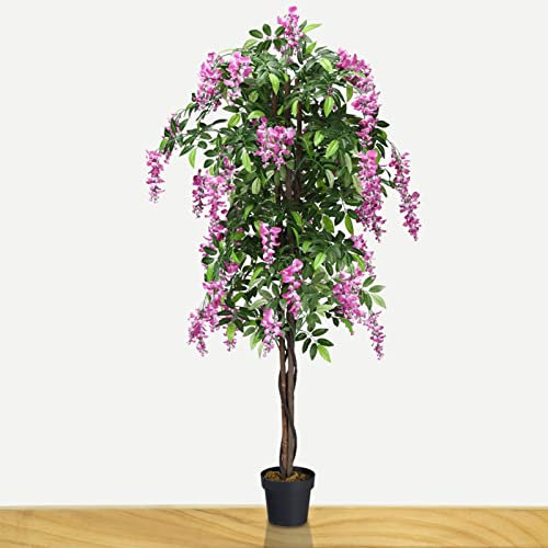 TANGZON 150CM/180CM Artificial Wistera Tree, Fake Ficus Tree with Flowers, 840/1260 Leaves & Cement Pot, Indoor Outdoor Decorative Faux Plant for Home Office Garden (1, Green+Rosy, 180CM/6FT)