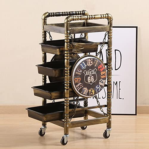 Retro Salon Lagerwagen,Friseurwagen Gold mit Fönhalter Friseur Barbier Schönheit Rollwagen,Mit 4-5 Schubladen Salon Trolleys,Haare Spa Ablagefach A,31X37X83CM