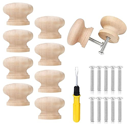 KERANEET Möbelknopf Holz 10 Stück Holz Schubladengriff Holzgriffe für Schränke Runde Möbelknöpfe mit Schrauben und Schraubendreher für Schublade Kleiderschrank Kommode