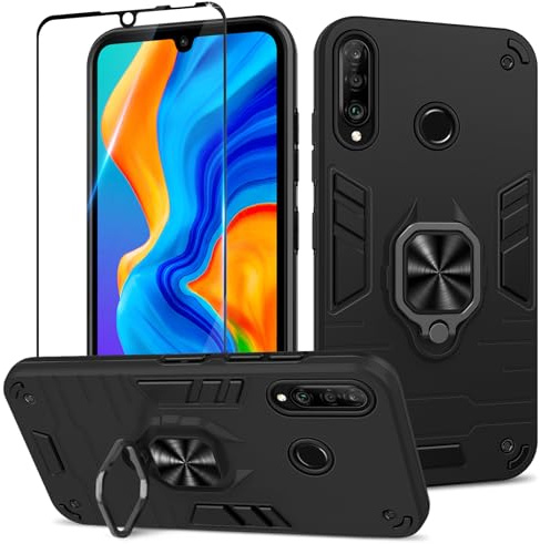 Btstring Hülle kompatibel mit Huawei P30 Lite mit Schutzfolie, Militär Standard Stoßfest Handyhülle Case Hybrid Metall Ring Halter Schutzhülle Handy Hüllen Cover -Schwarz