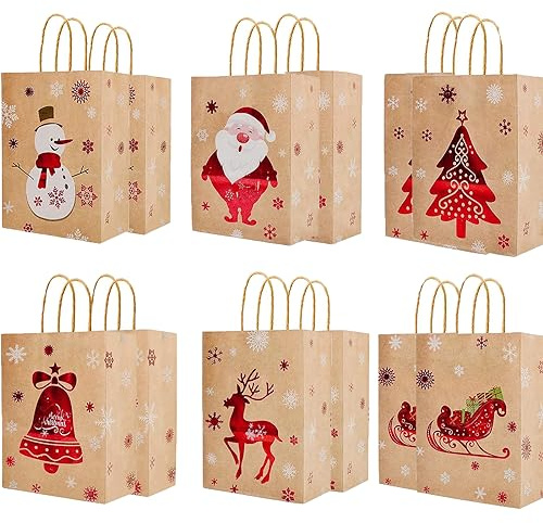 HBell 12 x Weihnachts-Geschenktüten aus Kraftpapier, 6 Muster, Weihnachtspapiertüten mit Griffen, rotes Stempeldesign, Weihnachtsgeschenktüte für Geschenkverpackungen, Weihnachts-Partyzubehör (rot)
