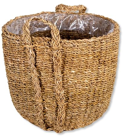 DARO DEKO Seegras Korb Topf rund Natur Ø 45 x 40cm mit Einsatz und Henkel Blumentopf geflochten Aufbewahrungskorb Übertopf Blumenkorb