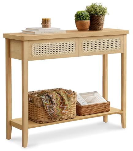 VASAGLE Konsolentisch, Flurtisch, Flur Möbel, schmaler Sofatisch für Wohnzimmer, mit 2 Schubladen, offene Ablage, abgerundete Ecken, Boho-Stil, eichenbeige LNT016Y57