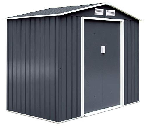 COSTWAY 7x4FT/8x6FT/8.5x7FT/9x6FT Galvanized Metal Garden Shed, Outdoor Lockable Tool Storage House with Foundation, Ramp, Vents & Sliding Door, Weatherproof Storage Shed Box (9x6FT, Dark Grey)