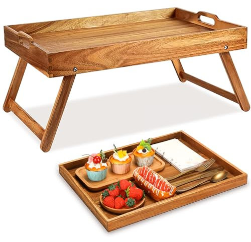 2 Stück Akazien-Tisch zum Sitzen auf dem Boden, Frühstückstablett mit Beinen und Griffen, zusammenklappbares Laptop-Frühstücks-Serviertablett aus Holz zum Essen auf Couch, Bett für Kinder, große Größe