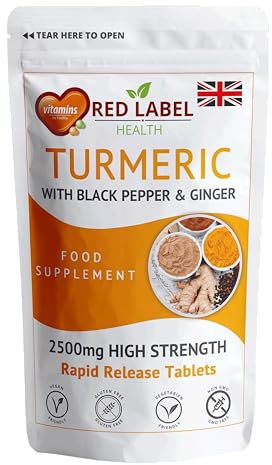 Red Label Health Turmeric 2620mg - 100 Tablets with Black Pepper and Ginger - High Strength Turmeric Supplements Not Turmeric Capsules - 95% Curcumin | Vegetarian | Vegan | Made in UK.