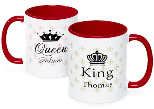 GRAVURZEILE Bedruckte Tassen mit Spruch im Set - King & Queen - Personalisiert mit Namen - Kaffeetasse mit Spruch - Geschenk zum Valentinstag - Geschenke für Sie & Ihn - Farbe: Rot