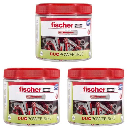 fischer DUOPOWER 6 x 30, handliche Runddose mit 200 Universaldübeln, leistungsstarker 2-Komponenten-Dübel, Kunststoffdübel zur Befestigung in Beton, Ziegeln, Stein, Gipskarton UVM. (Packung mit 3)
