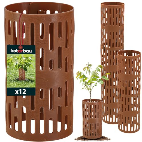 KOTARBAU® 12er Set Baumstamm Schutz - ⌀ 10,5 - Verbissschutz für Bäume - 20 cm hoch - Baumschutz Wildverbiss - für Obstbäume - Erweiterbar & Stapelbar - Kunststoff - Braun