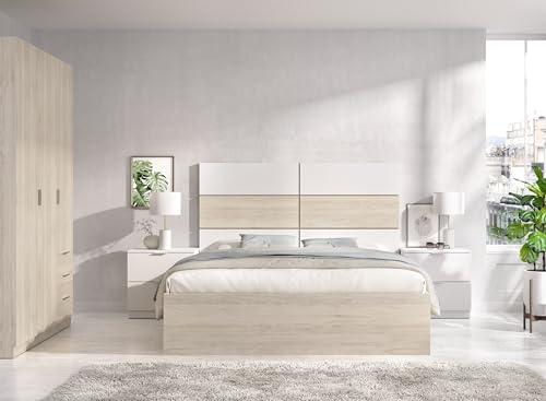 DEKIT GRUPO RIMOBEL ASTRA PACK - Conjunto de cabezal con dos mesitas de dos cajones, aro de cama de 135/140X190 y armario de tres puertas y tres cajones - BLANCO / NATURAL