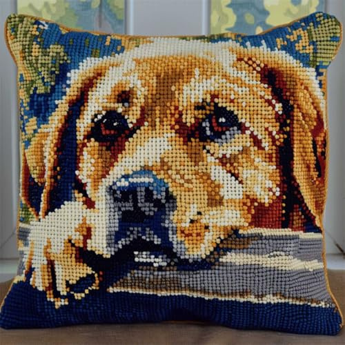RKFLGEW DIY knüpfen set erwachsene labrador retriever tier knüpfkissen set Süßer Hund DIY Haken Häkeln Garn Nadel Handwerk einfache handgemachte Kissen für Home Sofa Dekoration 43x43cm