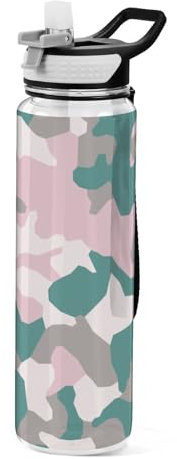 Mnsruu Transparente Sport-Wasserflasche mit Strohhalm, auslaufsichere Trinkflasche, Camouflage-Druck, Fahrradflaschen für Sport, Büro, Schule, BPA-freier Tritan-Kunststoff, 1 Liter