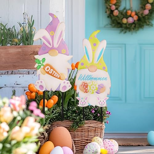 TERESA'S COLLECTIONS Osterdeko,Ostern Deko Wichtel,60cm,Gartendeko für Draußen,Metall Osterhasen Zwerg,Osterhase Gnomes Deko,Osterwichtel mit Hasen Ohren,Frühjahrsdeko,Ostern Geschenk