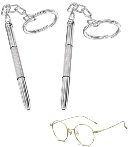 Set of 2 Mini Glasses Screwdrivers, 4 in 1 Glasses Repair Kit, Stainless Steel Screwdriver, Key Ring, Precision Small Screwdriver for Sunglasses, Jewellery and Watches Repair