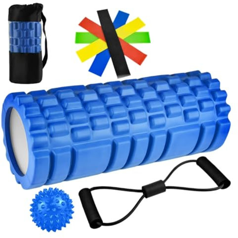 Rouleau de Massage Kit 9 in 1 Foam Roller Rouleau Massage Dos Musculaire Pilates Jambes Nubs Exercice Jambe avec Balle de Massage,Bandes de Résistance, pour Massage Profond des Muscles 33x14cm Bleu