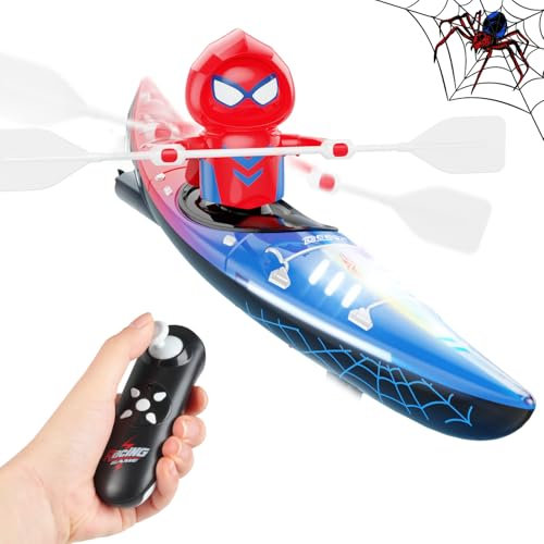 DEERC RC Boot für Kinder,Fernsteuerungs Spinnen-Kajak Boot mit LED-Beleuchtung für See,Teich,2.4GHz,Wasseraktivierung,Sommerspielzeug für draußen, Geschenke für Jungen und Mädchen 6–12 Jahren(rot)