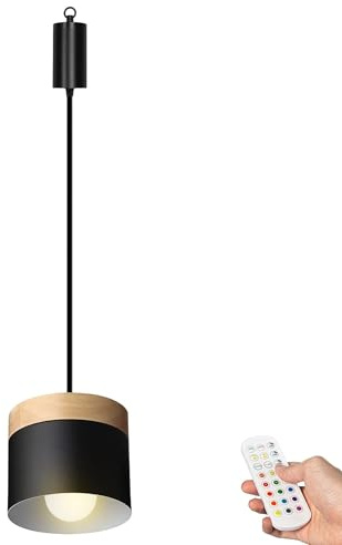 FSLiving Dimmbare Hängelampe mit Batterie Innen, Modern Metall Hängeleuchte Batteriebetriebene Lampe, Pendelleuchte ohne Strom Stromanschluss für Küche Nachttischcafé,Schwarz