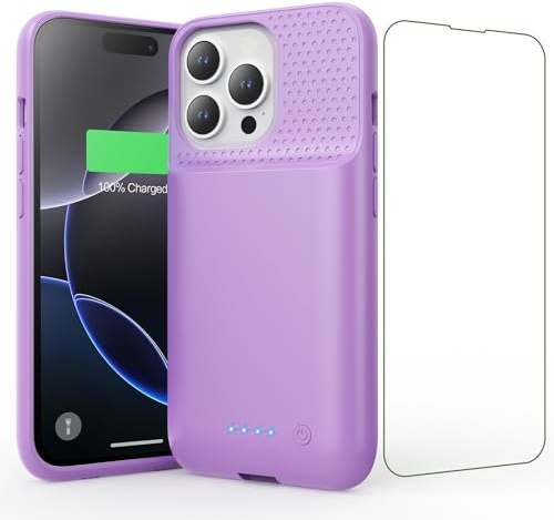 Feob Funda Batería para iPhone 16 Pro, 7500mAh 15W Funda Cargador Portatil Carcasa Batería Recargable con Protector de Pantalla de Vidrio Templado para iPhone 16 Pro [6,3] (Morado)