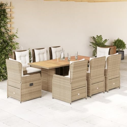 IKAYAA Gartenmöbel Set 8 Verstellbare Hochlehner Stühlen mit Tisch Garten sitzgruppe 8 Personen Gartenmöbel Set Rattan 8 Personen Rattan sitzgruppe-Beige und Creme-9-tlg