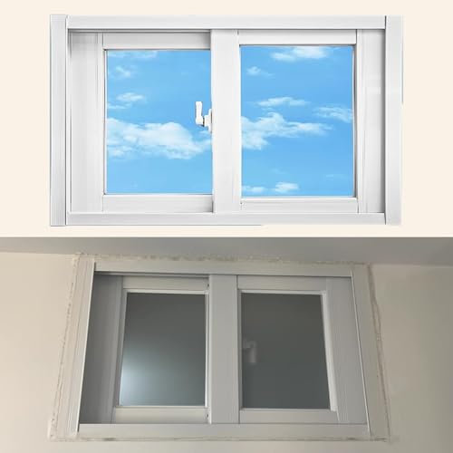 Kellerfenster Weißes Oberlichtfenster mit Fliegengitter und Griffen, Tiny Homes - Flächenbündig Montiertes Sichtschutzfenster zur Belüftung, Innenliegendes Landschaftsfenster für Dusche / Flur(42x16 i