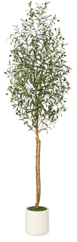 Litake Árbol de olivo artificial de 210 cm con maceta blanca, plantas verdes grandes, planta artificial de olivo, decoración para casa, dormitorio, oficina, jardín, salón
