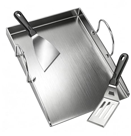 Edelstahl Plancha Grillplatte Rostfreiem mit Grillspachtel Set Passend für Gasgrills & Holzkohlegrill - 40 x 30cm - 4mm Dickem - BBQ grill plancha mit Abnehmbar Griffen für rösle allflame hero 4