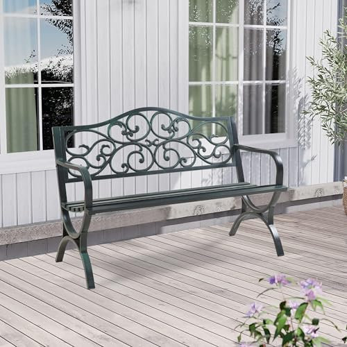 casa.pro Gartenbank Utav Outdoor Sitzbank wetterfest 127 x 53 x 79 cm Metallbank max. 300 kg Dunkelgrau mit grüner Patina 3-Sitzer-Bank