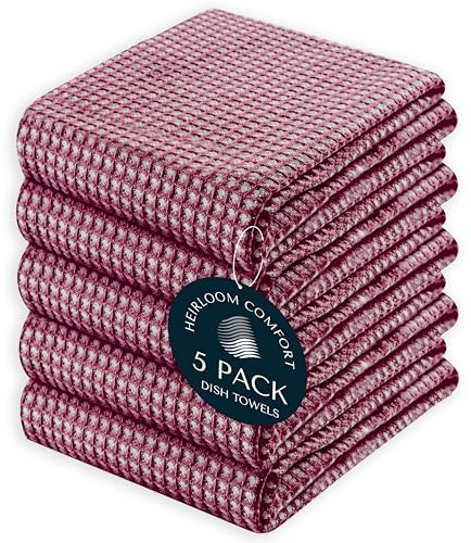 HEIRLOOM COMFORT Dual Tone Waffle Weave Kitchen Towels with Hanging Loop, 5 Pack, 100% Cotton, 40x66 cm, Super Absorbent, Fast Drying Reversible Dishcloth Set, Soft for Cleaning, Durable, Burgundy