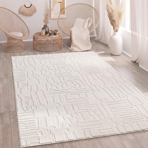 Paco Home Alfombra Sala-De-Estar Dormitorio Pelo-Alto Escandinavo Boho Estilo Geométrico Abstracto Liso Esponjoso 3D Crema, tamaño:200x280 cm