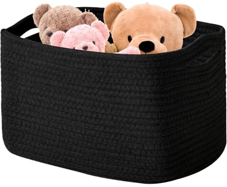 Boensi Grande cestino per coperte-54×43×30cm Cesto Portaoggetti rettangolare in corda di cotone intrecciato per coperte, giocattoli per bambini e vestiti (nero)