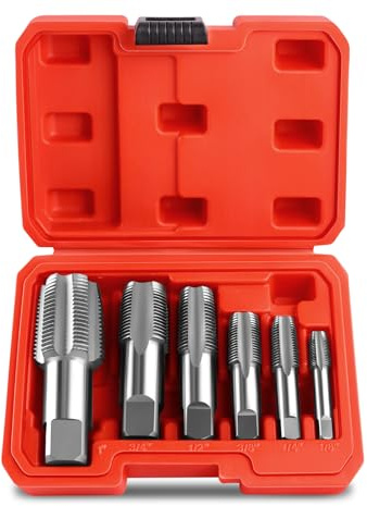 FANOVO 6pcs NPT Pipe Tap Set, Precision Carbon Steel NPT Threading Plumbing Tap Tap Plastic Case Kit with 1, 3/4, 1/2, 3/8, 1/4, 1/8 NPT Tap, for Plumbers Mechanics DIYers Clean Accurate Threads