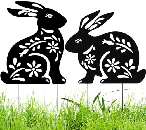 NIHUIFDPY 2Pcs Rabbit Metal Garden Stakes Decorative Black Rabbit Silhouette Statues Stakes for Yard Garden Lawn Patio Outdoor, Rabbits Lovers Gifts