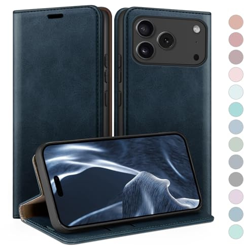 HUOUH Funda para iPhone 17 Pro Max 6.9 Estuche de billetera con cuero de PU con Bloqueo RFID,titular de tarjeta de crédito,Cubierta a prueba de golpes teléfonos Fundas para Apple 17ProMax Azul Oscuro