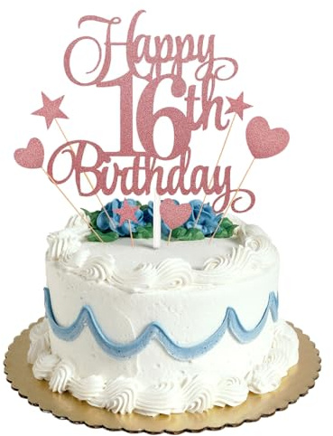 16th Happy Birthday Cake Topper Rose Gold Glitter,Personalised Cake Toppers for Men Boys Women Girls Birthday Party Cake Decorations Kit with Star Heart Cupcake Topper