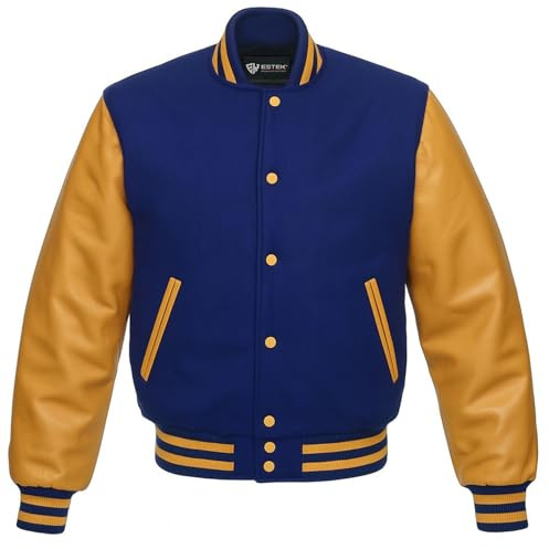 EK ESTEK SPORTS Letterman Baseball School College Varsity Bomber Jacket in Wool Blend & Real Cowhide Leather Sleeves