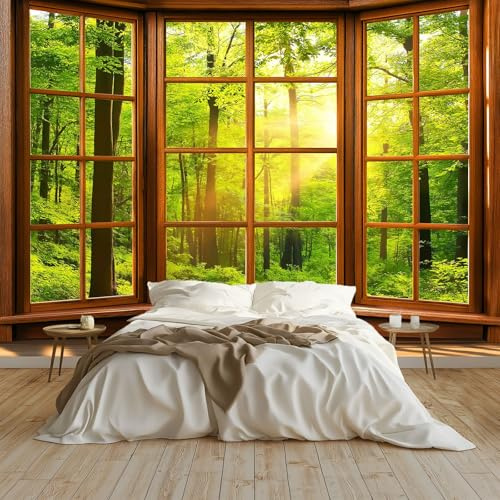 Papel Pintado Vista Del Bosque Desde La Ventana 250 x 175 cm Fotomurales decorativos modernos de pared en tejido no tejido Amarillo Verde, para murales fotográficos para salón o dormitorio