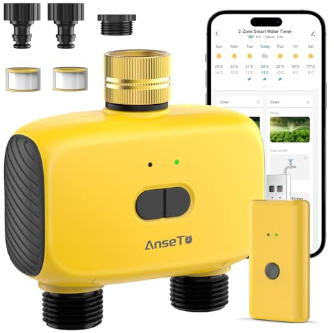 AnseTo Programador Riego WiFi para Jardines,Terrazas,Césped y Zonas Exteriores,Entrada de Latón Sistema de Riego Automático con 2 Salidas,Concentrador WiFi y Función de Control Remoto