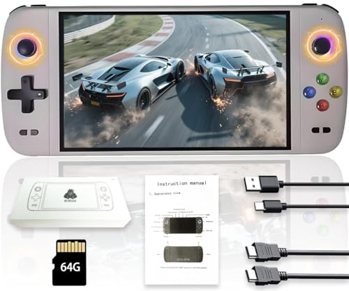 Consola de juegos portátil M27 de 64 GB de memoria interna con 20.000 juegos, sistema Linux, pantalla IPS de 7 pulgadas, consola portátil mini arcade de bolsillo, salida HD (gris, 64 g)