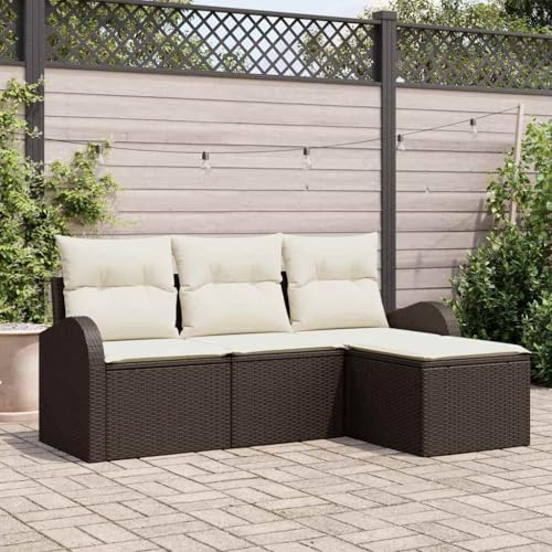 LoogCape Modulares Poly-Rattan Sofa Set mit Kissen, 4-teilig, Braun und Weiß, für Garten und Terrasse, UV-beständig, wetterfest
