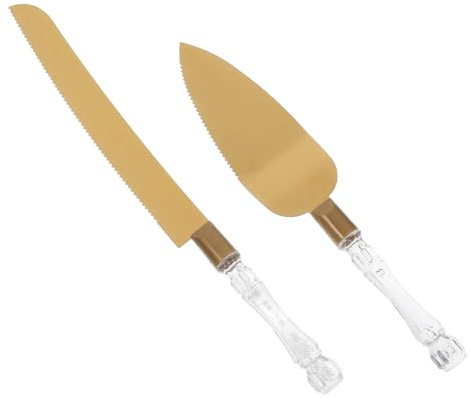 Garneck 2pcs Stainless Steel Wedding Cake Knife and Serving Spatula Set with Crystal Handles, Gold Cake Cutting and Pie Serving Tools for Birthdays, Anniversaries, and Parties