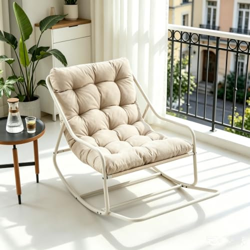 Ball & Cast Schaukelstuhl für Drinnen & Draußen, Rocking Chair mit Gepolstertem Kissen und Fußstütze, Moderner Balkonsessel für Wohnzimmer, Garten & Terrasse, Beige