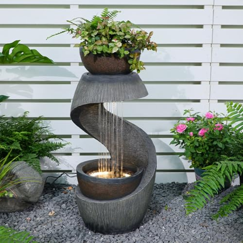 Fontana d'acqua per esterni, design moderno curvo a forma di S, con luci LED, fontana zen per giardino, patio, cortile, decorazione per la casa