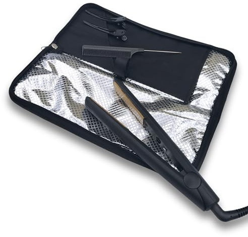 Plattång matta & påse av j&m - värmebeständig - passar ghd, BaByliss och större plattång - dragkedja allt-i-ett kompakt resväska (originalpåse och matta)