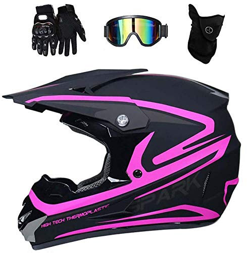 WEITY Fullface Motocross Helm Set mit Brille Handschuhe Maske, Motorrad Crosshelm Pocket Bike Helm Kinder Erwachsener Motorradhelm für MTB Enduro ATV Downhill Sicherheit Schutz, Schwarz und Pink (M)