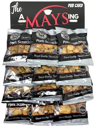 British Food Shop MS Pork Scratchings Bar Snacks 12 Packs on 'The AMaysing' Pub Hanging Card