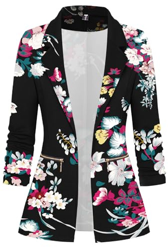 Genhoo Blazers for Women Summer Long Sleeve Lightweight Floral Casual Knit Jacket Blazers Black with Pockets M
