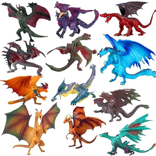 Hiawbon 12 Pcs Mini Dragon Figurines Kit 3 Inch Hand Painted Plastic Dragon Models for Home Decorations Outdoor Status