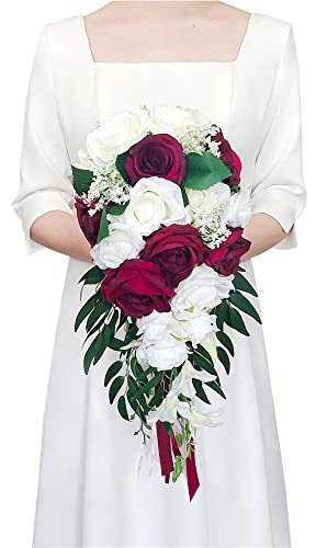 Ciandid Ramo de Novia en Cascada, Rosas Blancas y Burdeos con Cintas, Ramo de Boda Artificial para Novia, Flores de Cascada para Ceremonia de Boda, Aniversario, Ramo de Decoraciones