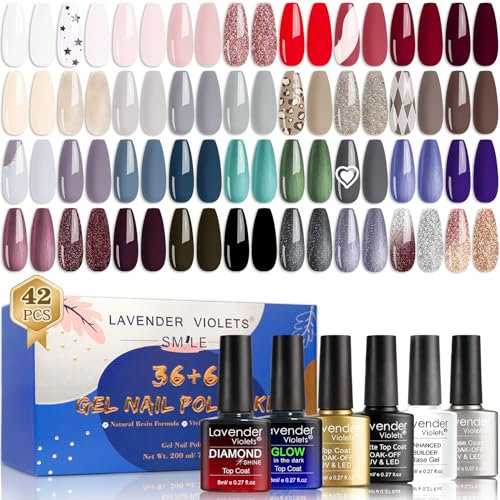 42 Pcs Morandi UV Gel Nail Polish Set - Autumn Winter Warm Tones Full Range with Glow in The Dark Top Coat, No Wipe Matte/Diamond Builder Base, Soak Off Shellac Christmas Nail Art Gift for Women 958